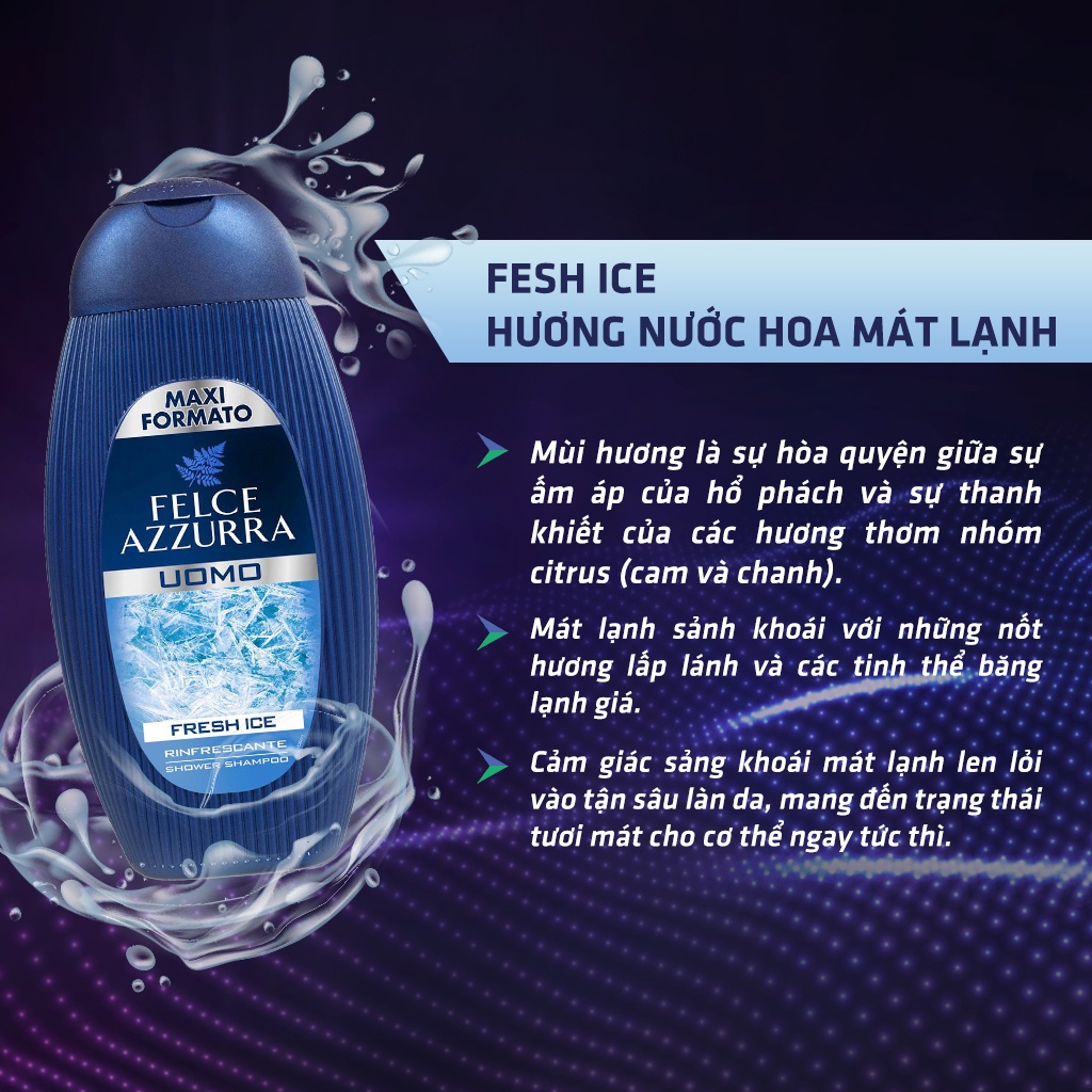 Sữa Tắm Gội Nam FELCE AZZURRA Hương Nước Hoa 2 In 1 Fresh Ice Mát Lạnh, Sảng Khoái 250ml & 400ML