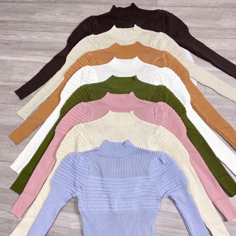 Áo Len Tay Bồng Phối Ren Cổ 3 Phân Áo Kiểu Dài Tay Thu Đông