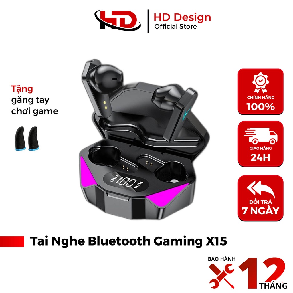 Tai Nghe Bluetooth Gaming X15 - Có Mic - Đỗ Trễ Cực Thấp - Led Hiển Thị Pin - Chính Hãng HD DESIGN