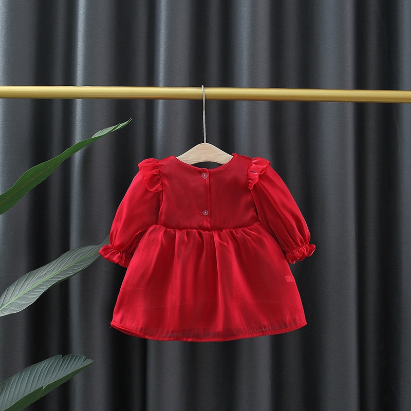 Twilight Đầm Dài Tay Đính Nơ Lớn Hai Lớp Màu Trơn Thời Trang Xuân Thu Cho Bé Gái Sơ Sinh Dự Tiệc Sinh Nhật