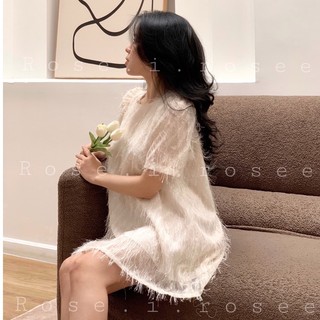 Đầm kem lông lấp lánh có tay