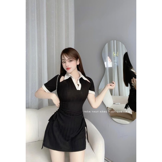 Đầm thun gân tay ngắn cổ bẻ rút dây eo, đầm polo dáng ôm body trơn màu khoét vai năng động mtb