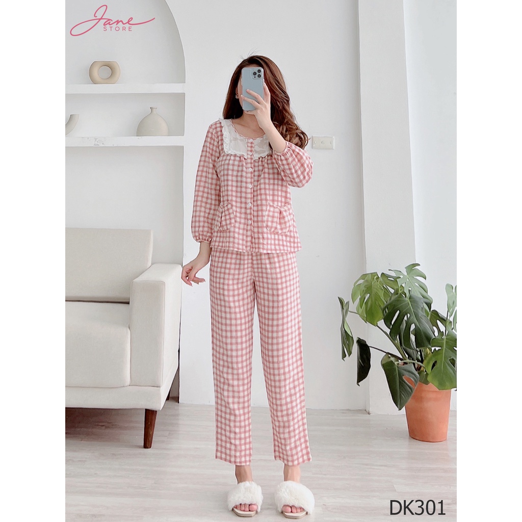 Bộ mặc nhà dài tay phối ren đồ bộ cao cấp set đồ kẻ đẹp DK30