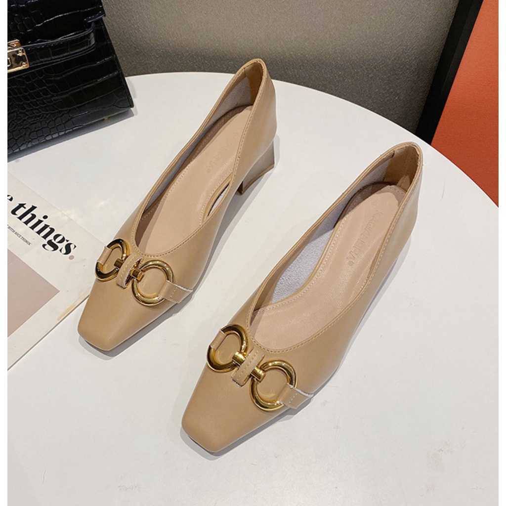 Giày Cao Gót Nữ Mũi Tròn, Giày Cao Gót Đế Vuông Charm xích Cao 4 Phân Da Mềm Cao Cấp_DA779