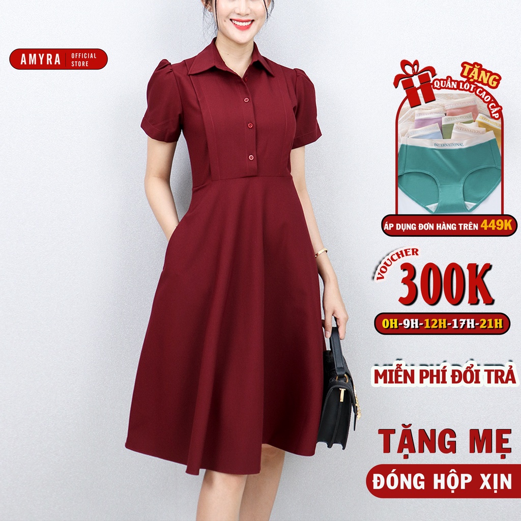 Đầm trung niên dáng xòe AMYRA thiết kế cổ vest tay phồng form suông dáng xòe che khuyến điểm vòng eo U33,U40 DA007