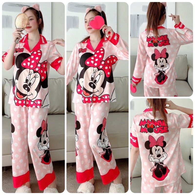 Đồ bộ Lụa xước cao cấp Mickey nơ đỏ