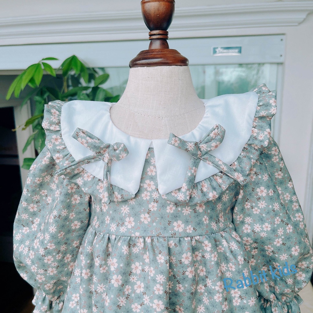Váy Thu Đông BabyDoll Cho Bé Gái💝FREESHIP💝Rabbit Kids -Đầm Dài Tay Trẻ Em 8-32kg Nhung Tăm Hoa Xanh Mềm Mại