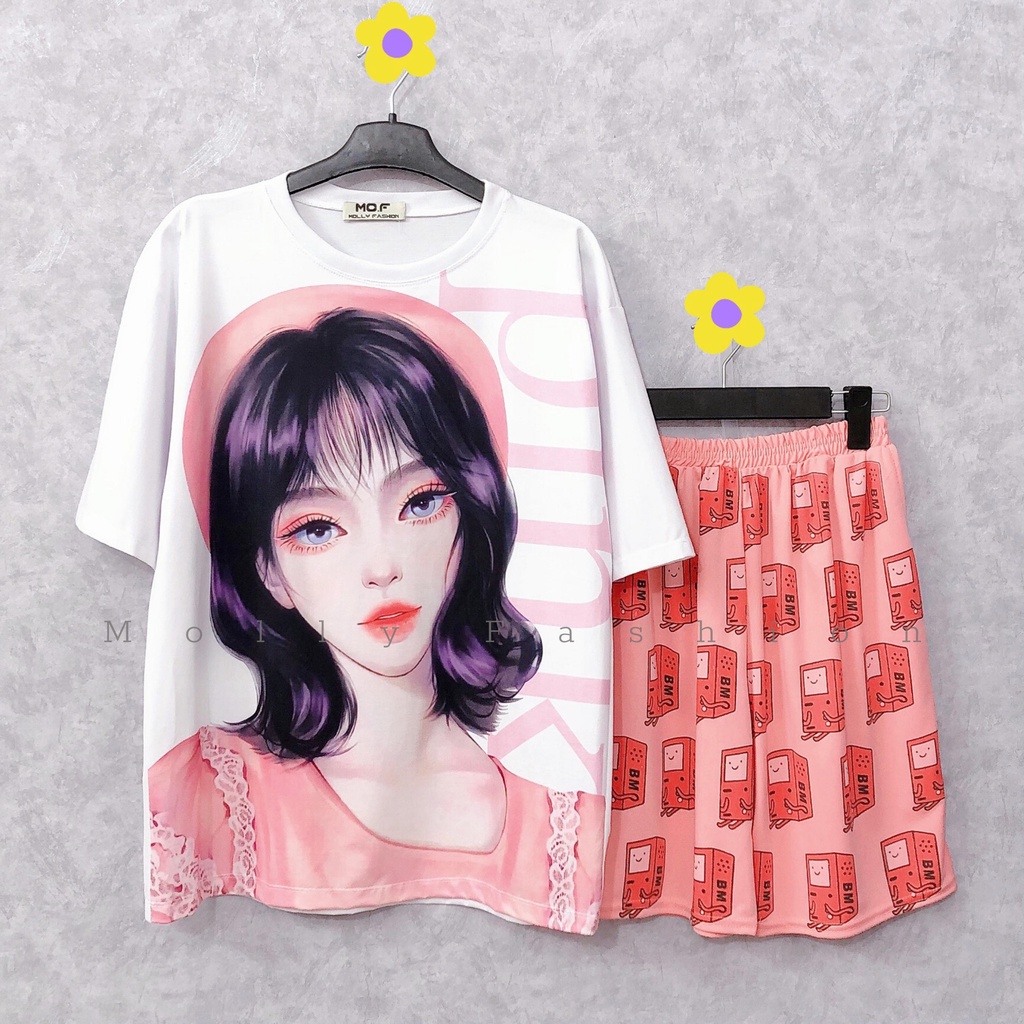 Set đồ bộ PINK ❤️ Bộ mặc nhà Cartoon form rộng Freesize Molly Fashion