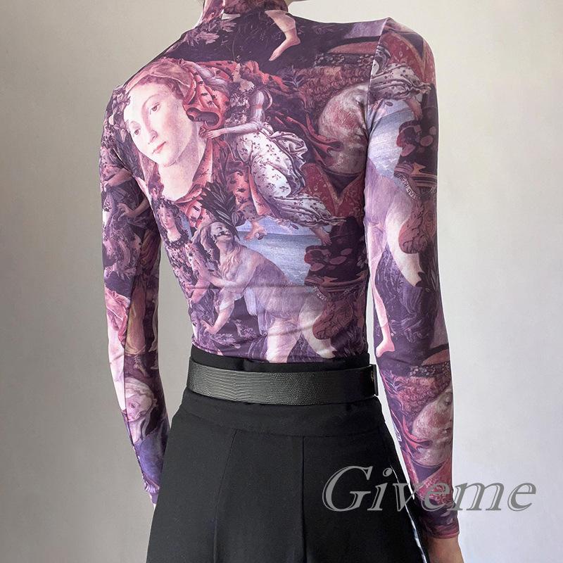 Áo Thun Nữ Tay Dài Cổ Cao In Hình Chân Dung Thời Trang