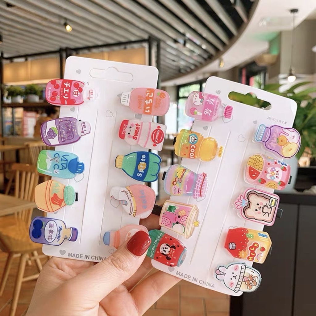 Set 10 Kẹp Tóc Nhựa Nhiều Kiểu Dáng Hình Nước Uống, Kem, Bánh Kẹo Siêu Đáng Yêu