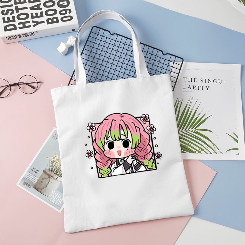 Túi tote vải đen trắng in hình KIMETSU NO YAIBA Thanh Gươm Diệt Quỷ ver CHIBI VUÔNG anime chibi tiện lợi thời trang