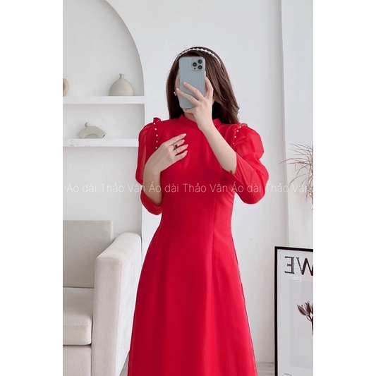 Áo dài voan tơ thiết kế tay bồng đính ngọc 3 màu tay lỡ, 4 tà -AV002