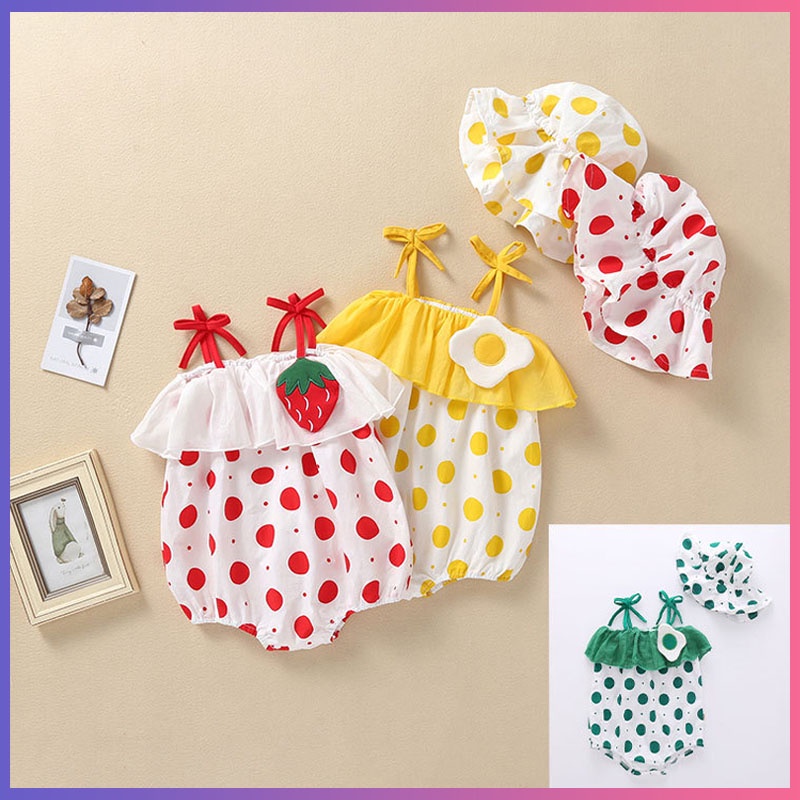 Bộ 2 Món Áo Liền Quần + Mũ cotton Không Tay Thời Trang Cho Bé Gái 0-18 Tháng Tuổi