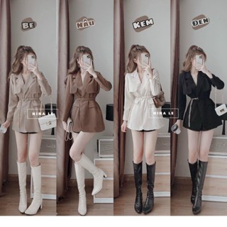 [11,11 Sales Freeship] Áo blazer nữ, set áo vest tay dài mix quần sooc đùi kèm thắt lưng dây xích thanh lịch, sang trong