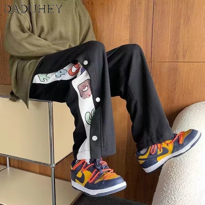 DaDuHey Men's Autumn Fashion Brand Baggy Straight Trousers Hong Kong Style Retro Trendy Breasted Casual Wide-Leg Pants