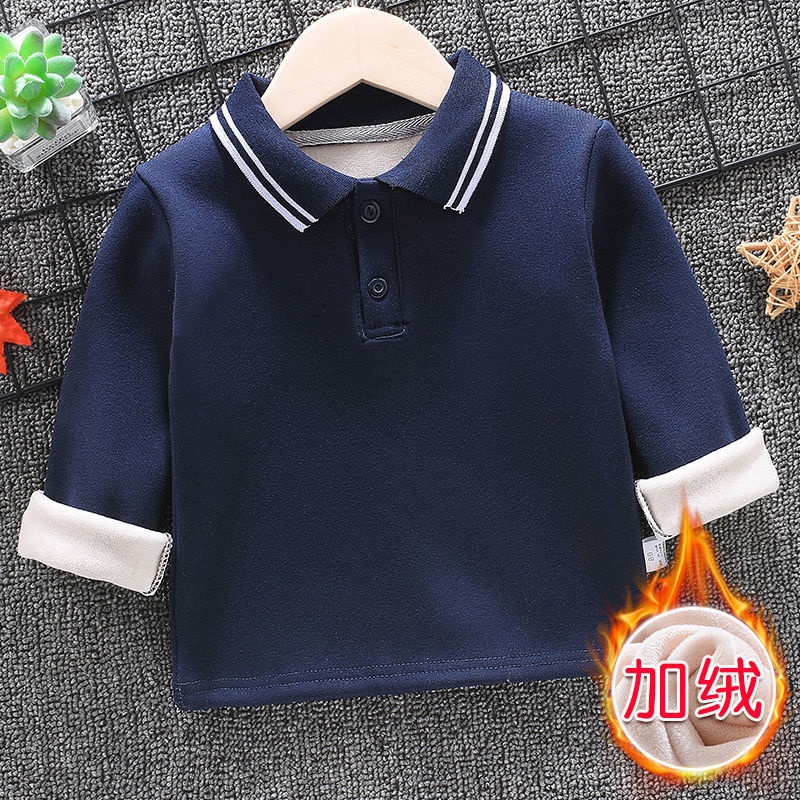 Áo Thun polo Tay Dài Lót Nhung Giữ Ấm Thời Trang Thu Đông Cho Bé