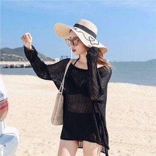 Áo lưới nữ tay dài form rộng, áo choàng nữ cổ thuyền xẻ tà