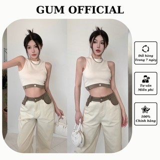Set quần jean + áo croptop Gum Official màu trắng phối viền nâu xanh , quần jean quần kaki ống đứng