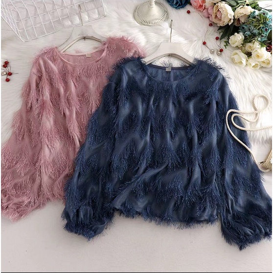 Áo Nữ Tay Dài Cổ Tròn Tua Rua Phong Cách Hàn Quốc Baju Baju Wanita Lengan Panjang Hàng Mới Có Sẵn