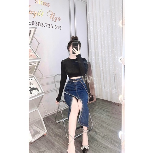 Chân váy jean  dáng dài co giãn tốt, lưng  siêu cao