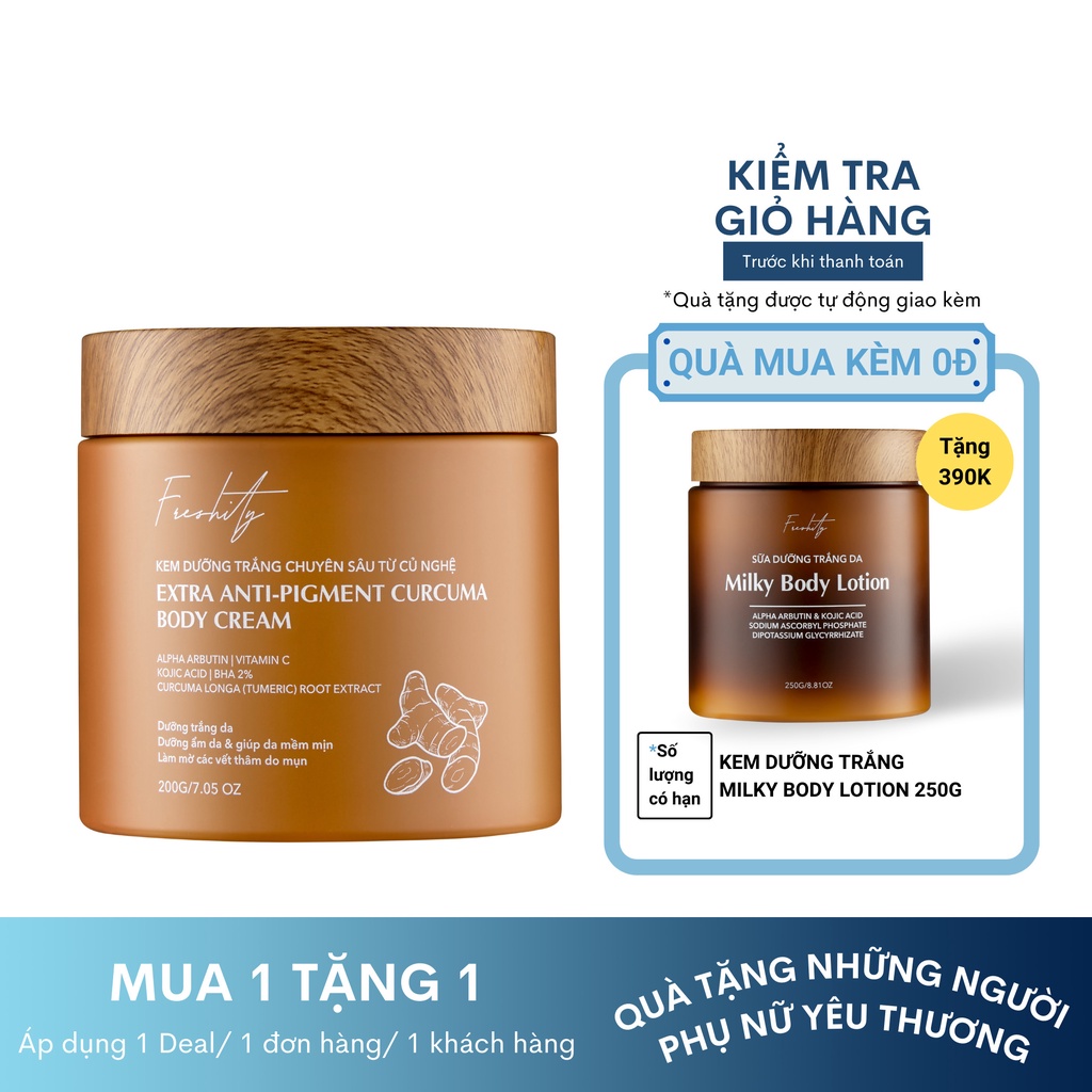 Kem dưỡng trắng từ củ nghệ 22% Vitamin C & 2% BHA giảm viêm nang lông mụn cơ thể Freshity 200g