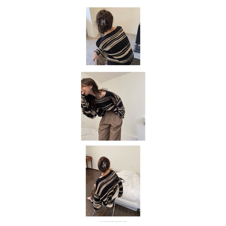 Áo Sweater Dệt Kim Cổ Tròn Dáng Rộng Kẻ Sọc Thời Trang Cho Nữ
