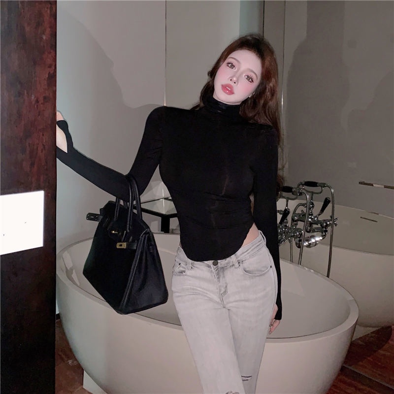 JSC Jiashucheng Áo Thun Tay Dài Cổ Cao Ôm Dáng Gợi Cảm Phong Cách Mới Mùa Đông Cho Nữ