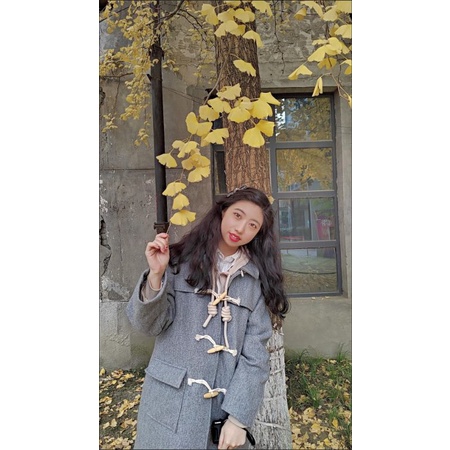 Áo khoác dạ dáng dài túi vuông màu xám cúc cài khuy gỗ - phong cách hiện đại