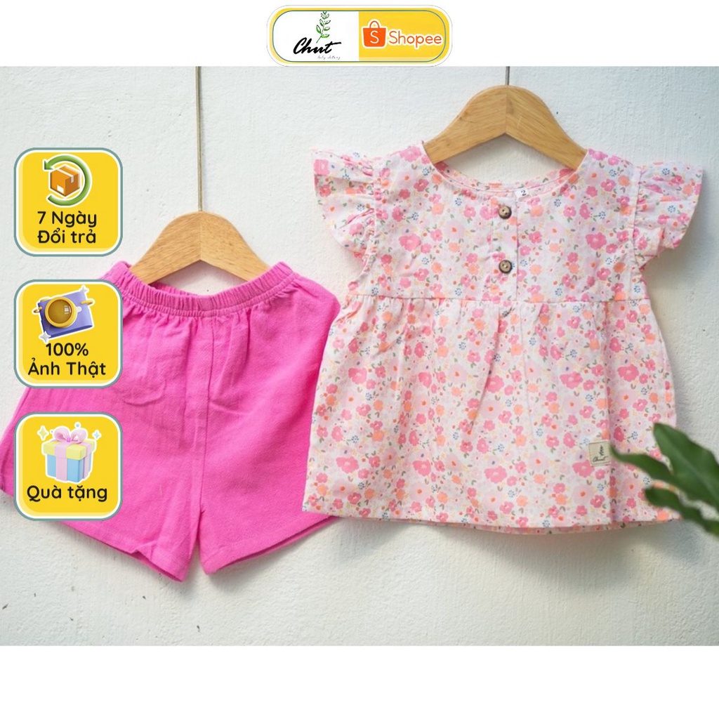 Set đồ cho bé gái cánh tiên phối hoa thiết kế đơn giản chất liệu linen cotton cho bé từ 1 2 3 4 5 6 7 8 9 tuổi Chutbaby