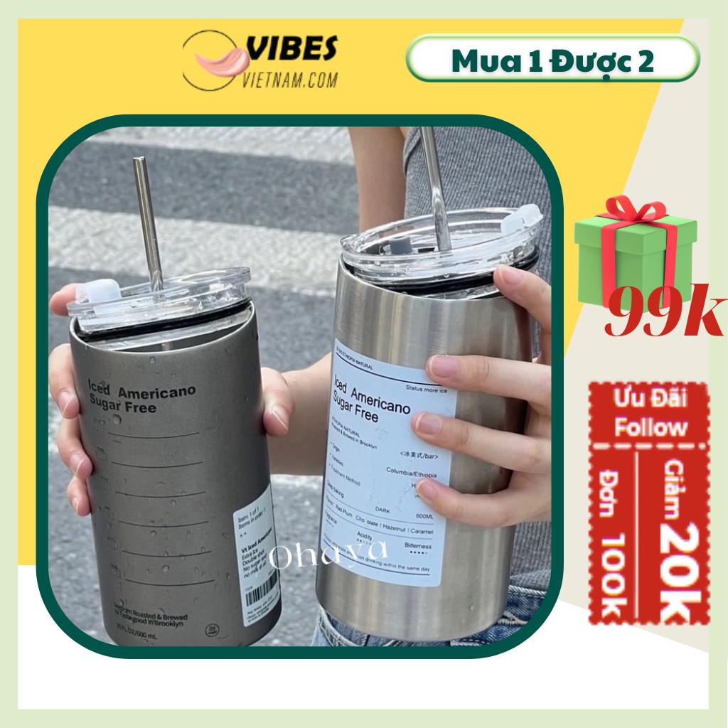 Bình Nước Giữ Nhiệt Bằng Thép Không Gỉ Có Ống Hút Dung Tích 600ml- Vibesvietnam