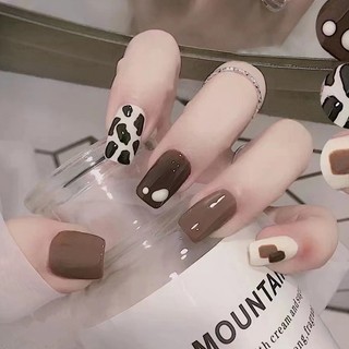 Móng tay giả nail box ngắn nâu cà phê đốm 💖 sẵn keo dán 💖