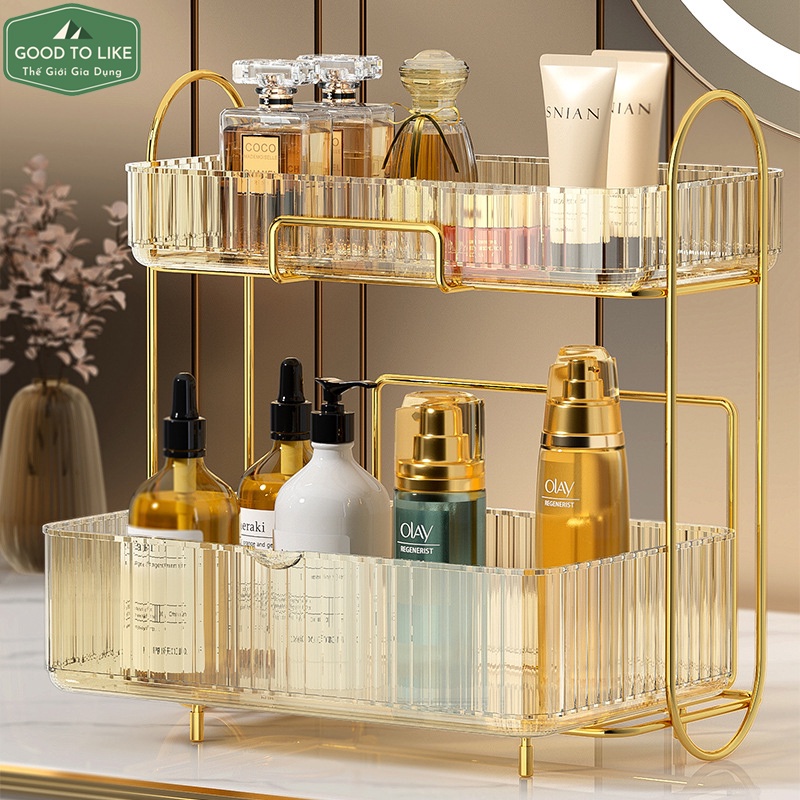 Kệ Đựng Mỹ Phẩm,Đồ Trang Điểm 2 Tầng Có Viền Mạ Vàng Cao Cấp Phong Cách Châu Âu Sang Trọng Đẹp Và Tiện Dụng