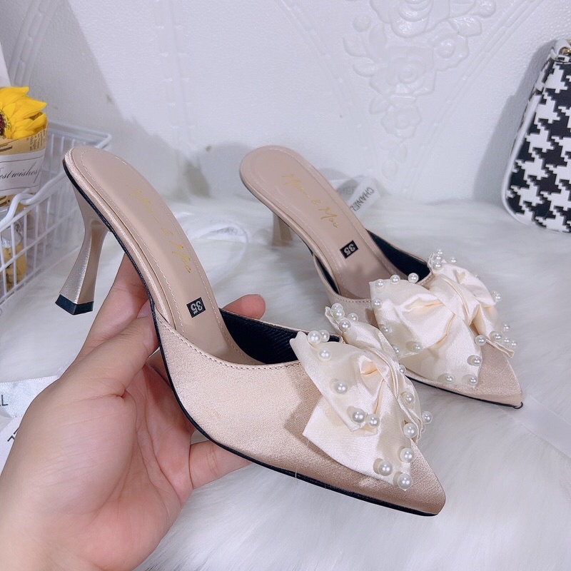 Dép Sục cao gót lụa nợ viền ngọc gót nhọn 7 phân tôn dáng hot hit