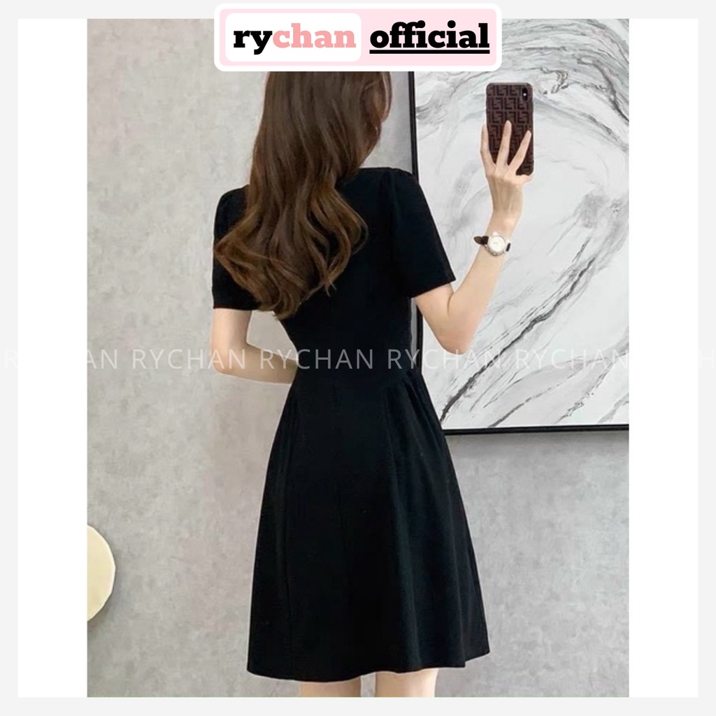 Đầm Nữ Đi Tiệc Dáng Ngắn Xòe Đính Cúc Trước Siêu Xinh, Đầm Thiết Kế Cổ Tròn Tay Ngắn Sành Điệu Màu Đen-DX414