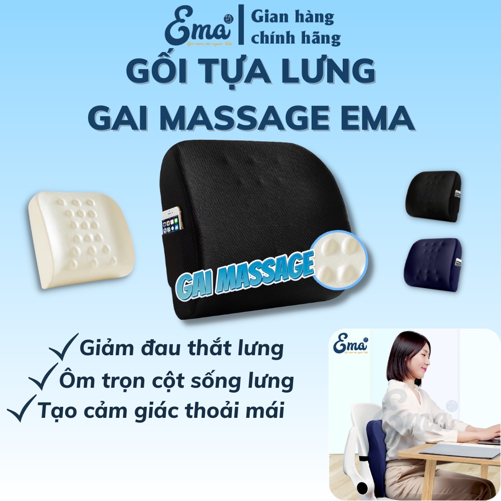 Gối tựa lưng văn phòng cao su non có gai massage Ema -Giúp giảm đau cột sống, thắt lưng- Kích thước 40x35x10cm