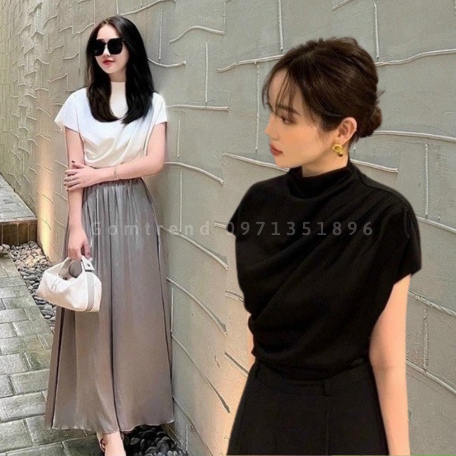 Áo Kiểu Nữ Cổ Hến Dáng Ngắn Tay Rúm Eo Vai Lệch Form Rộng BIG SIZE Phong Cách Hiện Đại GOM