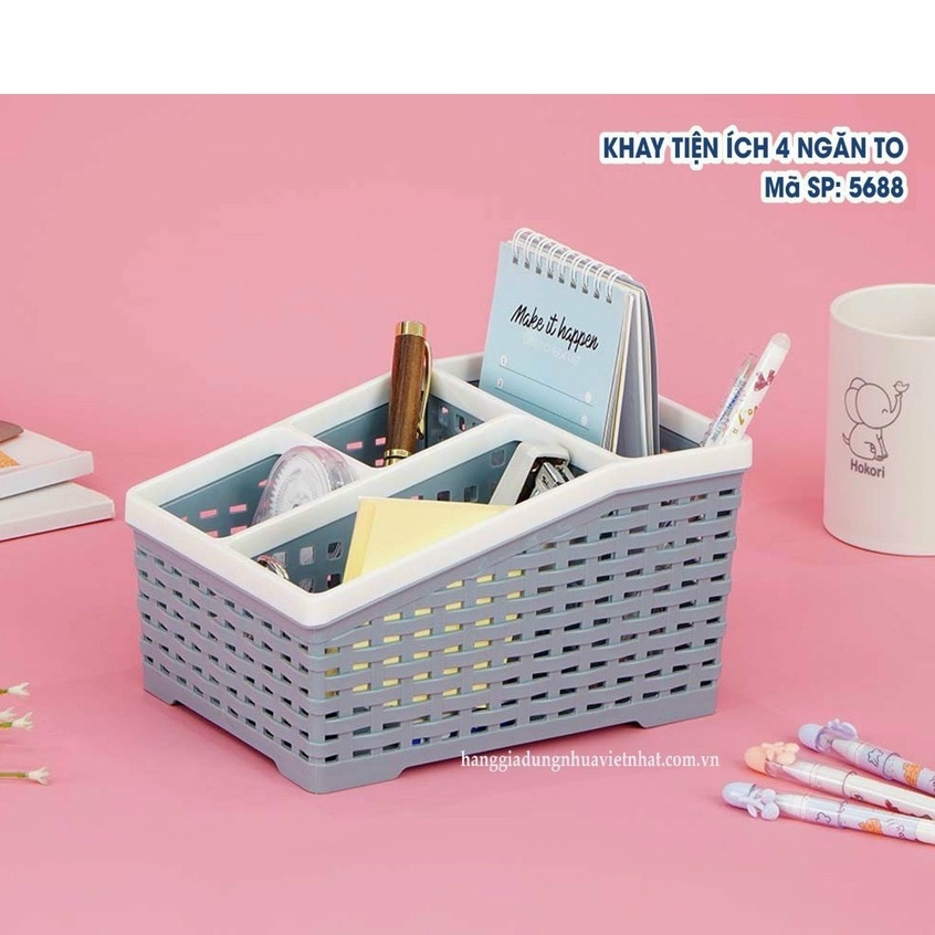 Khay Đựng Bút, Đựng Đồ 4 Ngăn Nhựa PP tặng kèm 01 móc dính cường lực KT: 20.5x15x11 cm (ảnh thật)