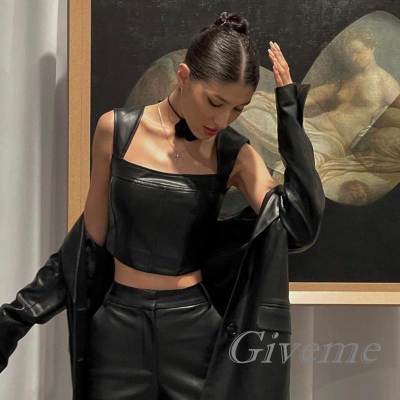 Áo Croptop Sát Nách Da PU Cổ Vuông Màu Trơn Phối Khoá Kéo Phong Cách Đường Phố