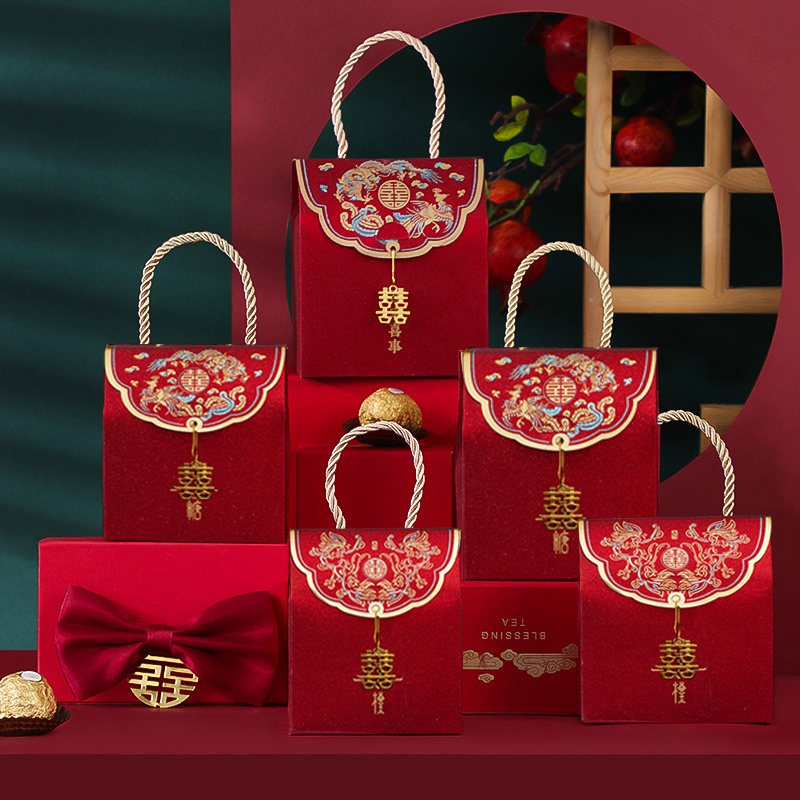 Set 5 Hộp Đựng Kẹo Cưới Màu Đỏ Mang Đi Tiện Dụng