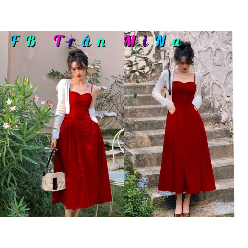 Set Đầm Đỏ MiDi 2 dây Có Túi 2 Bên Kèm Áo Khoác Tay Dài Dáng Ngắn