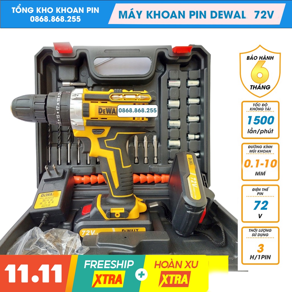 Máy khoan pin De.walt, Bos.ch, Ma.kita 72V 3 chức năng - Tặng bộ phụ kiện 24 chi tiết, Lõi đồng, Máy bắn vít cầm tay