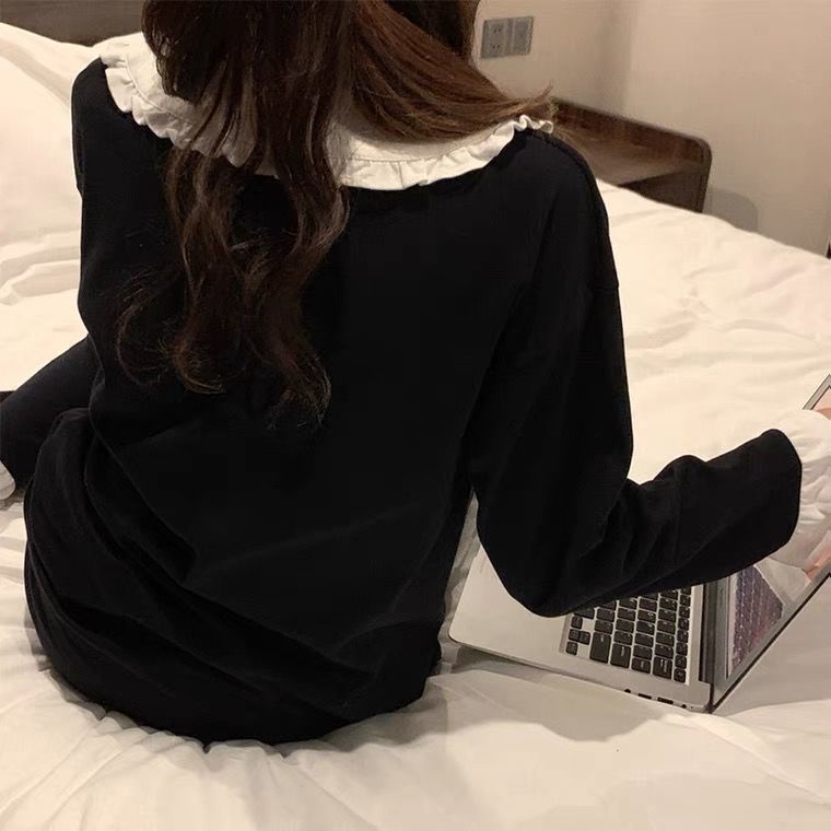 Bộ Đồ Ngủ Tay Dài Phối Ren Hoa Sen Màu Xám Dễ Thương Thời Trang Xuân Thu Phong Cách Hàn Quốc Cho Nữ