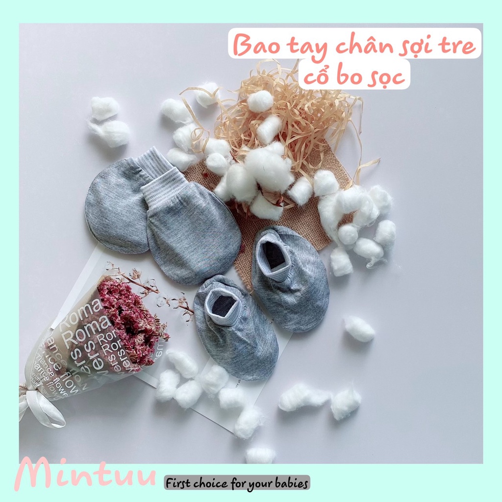 Bao tay bao chân sơ sinh sợi tre cổ bo nhãn hiệu Mintuu
