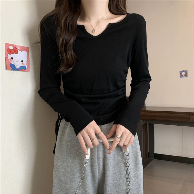Áo Thun Dài Tay Phối Dây Rút Thời Trang Mùa Thu Cho Nữ