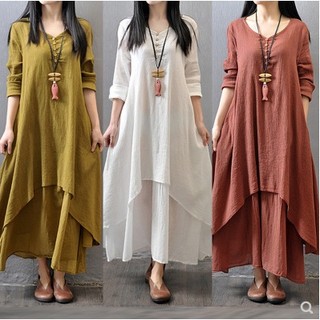 Đầm Cotton Lanh Giả Hai Mảnh Dáng Rộng Phong Cách Dân Tộc Thời Trang Xuân Hè 2022 Dành Cho Nữ