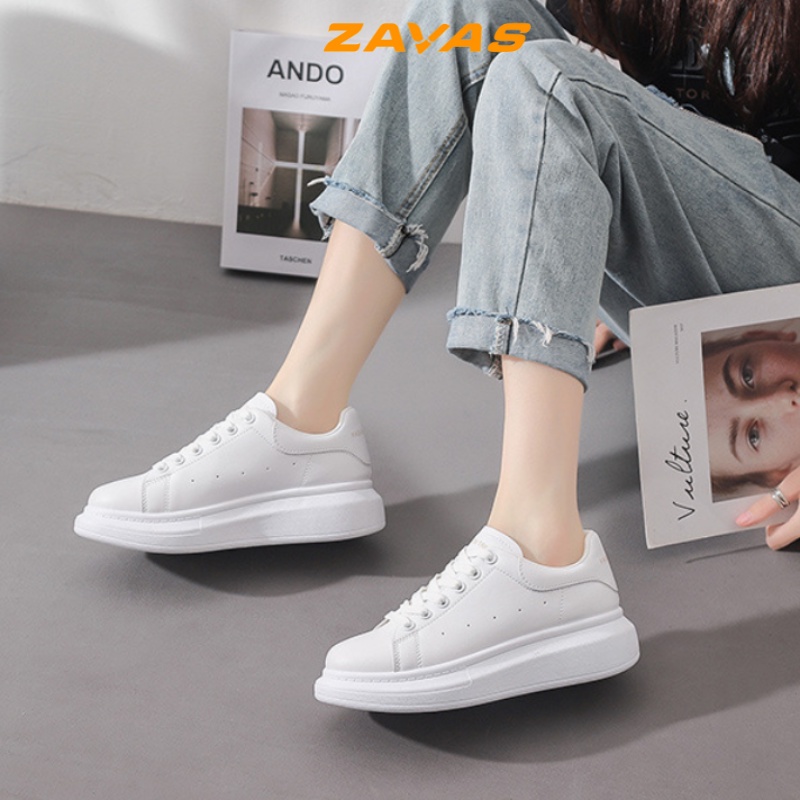 Giày thể thao sneaker nữ ZAVAS đế cao 4cm màu trắng bằng da mang êm chân phong cách mc ulzzang - S365