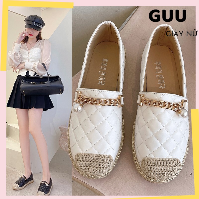 Sẵn Giày lười nữ da PU trần trám bọc cói màu đen, màu trắng siêu sang. giày slip on nữ