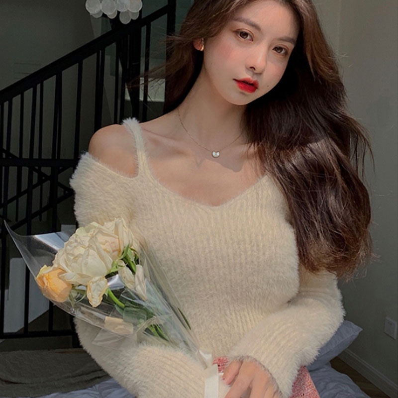 Áo Dệt Kim Tay Dài Dáng Ôm Trễ Vai Thời Trang Hàn Quốc Dành Cho Nữ