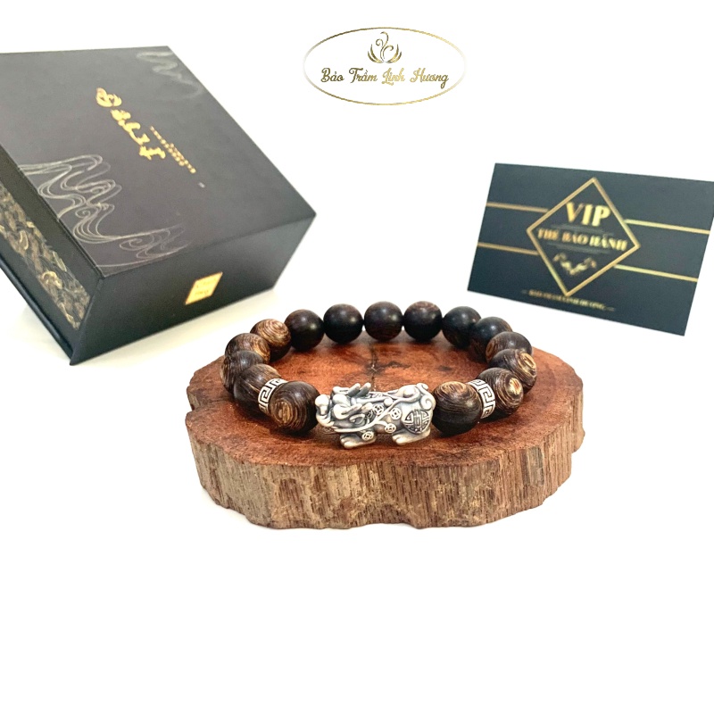 Vòng Trầm Hương Charm Bạc Thái 925 Tỳ Hưu - BẢO TRẦM LINH HƯƠNG Đeo Tay Phong Thủy Tự Nhiên Quà Tặng Nam Nữ - Sánh Tròn