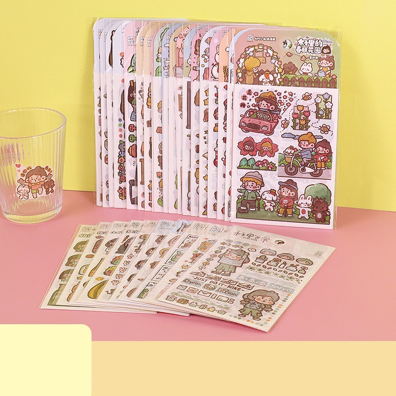 Vẽ tay hoạt hình cô gái dễ thương hàng ngày Sticker một bộ bốn tấm diy